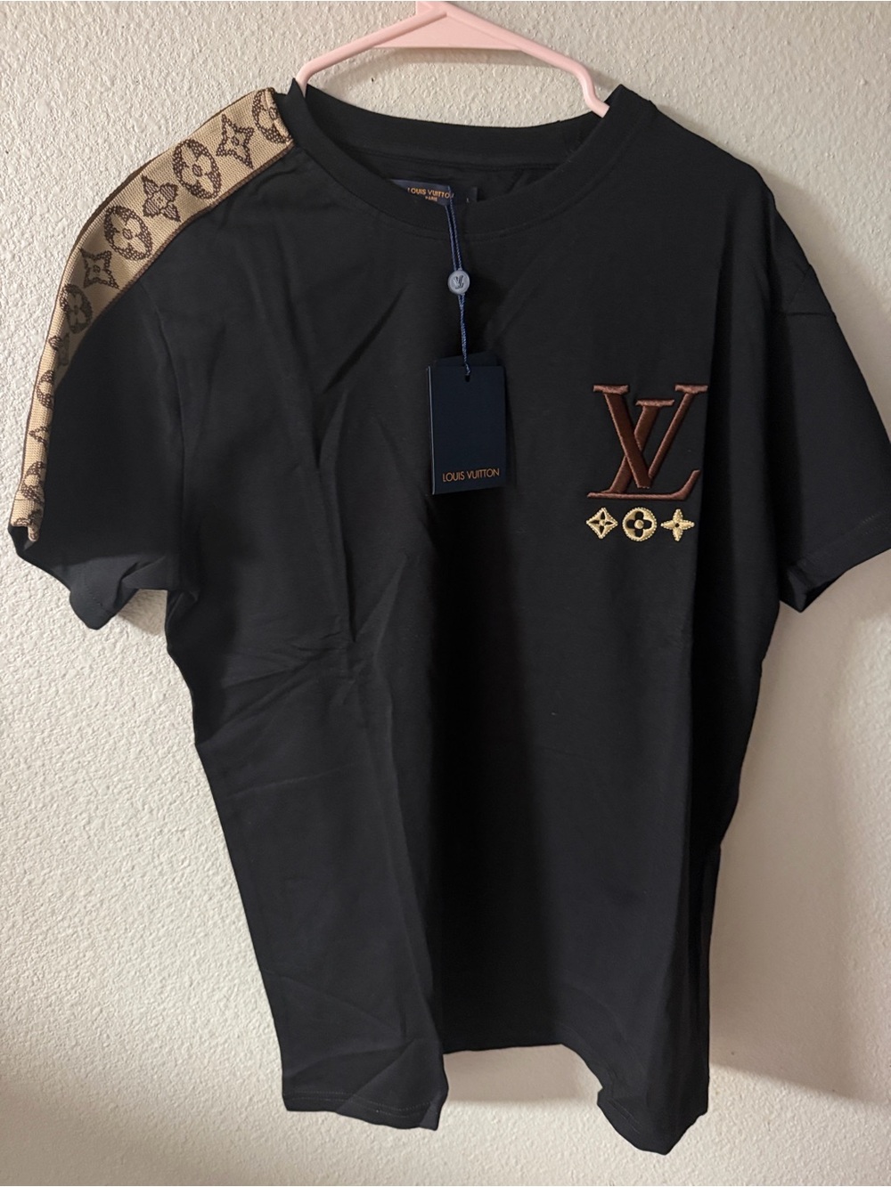 Louis Vuitton Black T-Shirt with Brown Monogram Shoulder and LV Chest